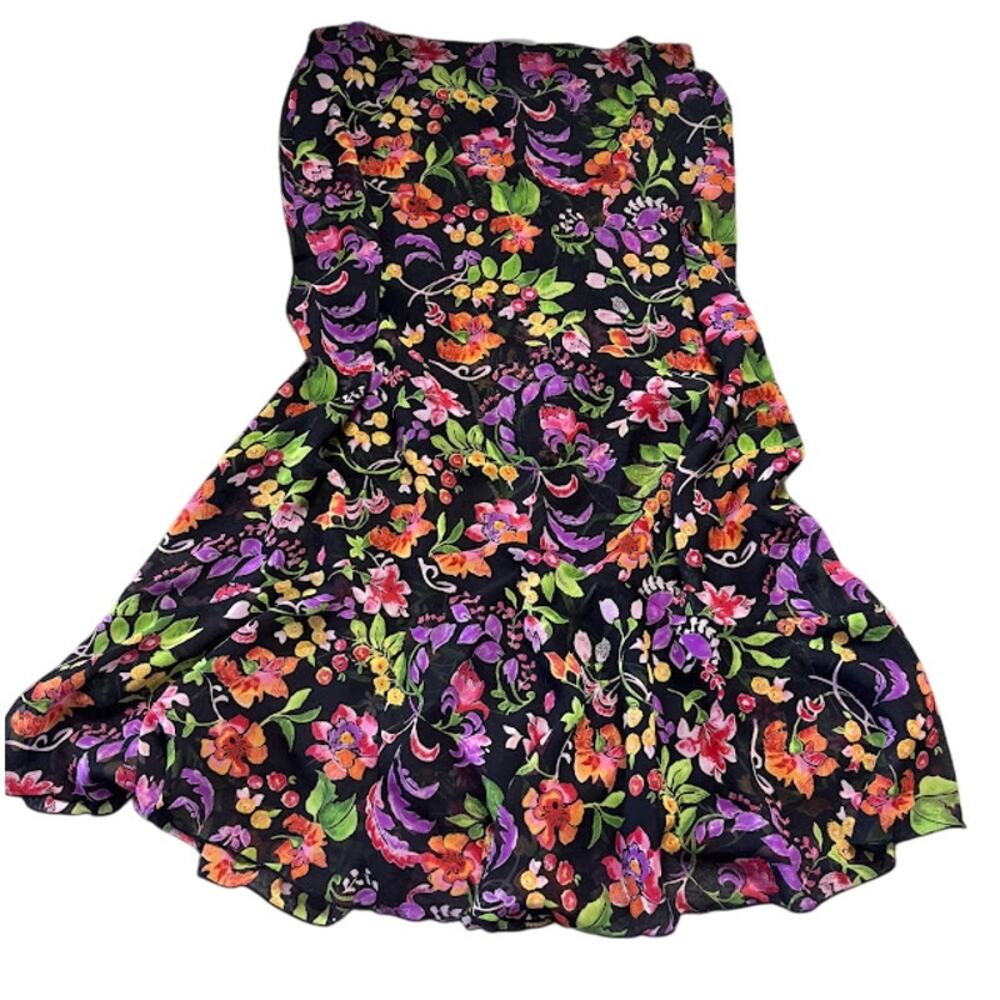Floral Pull On High Waisted A-Line Maxi Skirt Bohemian Summer Black Multi